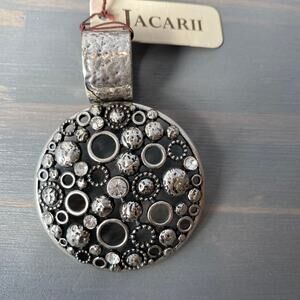 Jacarii Hammered Ornate Round Pendant Chunky Statement Cutout Silvertone